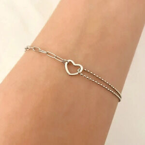 925 Sterling Silver Heart Bracelet Dainty Bracelet Asymmetric Chain Bracelet